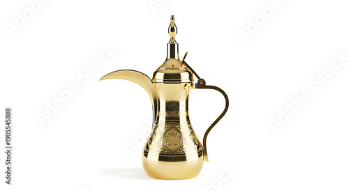 A traditional Arabic coffee pot (dallah) in polished gold finish, isolated on clean white backdrop