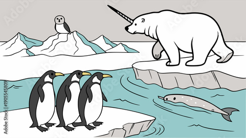 Cartoon Arctic Animals Meeting Illustration Polar Bear Penguins Narwhal and Snowy Owl on Ice Floe Wildlife Diversity and Teamwork
