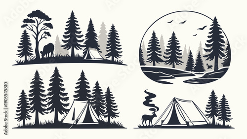 Vintage Camping Silhouettes Set Pine Forest Badges Rustic Outdoor Adventure Emblems for Logo Design Travel Graphics and Sticker Print Apparel.