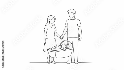 Happy family with newborn baby in bassinet illustration.