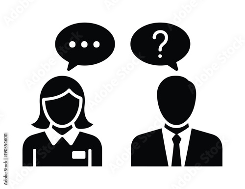 Vector illustration of a woman and man conversing with speech bubbles and a question mark