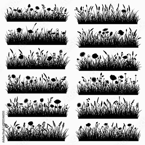 Set of Meadow Grass and Wildflower Silhouette Borders