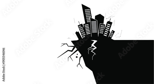 Cracked earth with cityscape crumbling into abyss