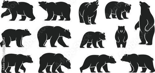 Bear silhouette collection in different poses isolated on white background, wild animal illustration set for nature, wildlife, logo design