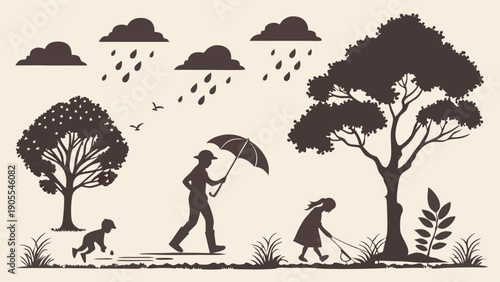 Peaceful Family Walk Silhouette in the Rain Mother and Child Outdoors Under Umbrella Nature Scene Vector Illustration for Web Design