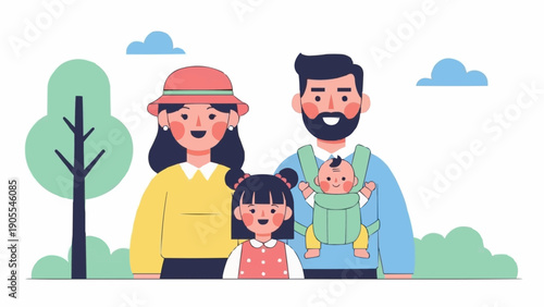 Happy family with two children enjoying outdoor time together.