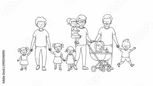 Happy family with three parents and six children illustration.