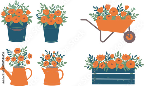 Vibrant orange flowers in various garden containers on white background