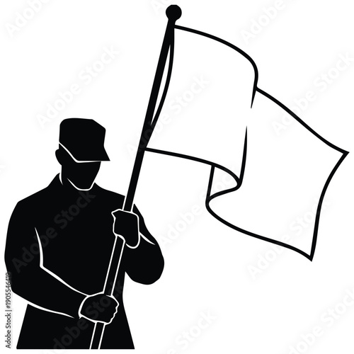 Silhouette of a soldier holding a blank flag, surrender or protest concept