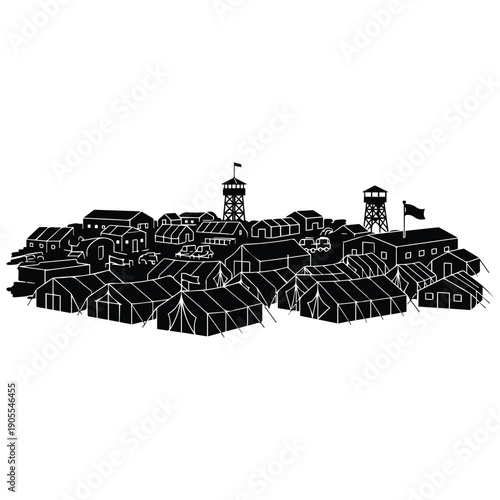 Silhouette of a refugee camp with tents and watchtowers, humanitarian crisis concept