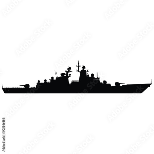 Silhouette of a modern warship at sea, naval vessel for military or defense themes