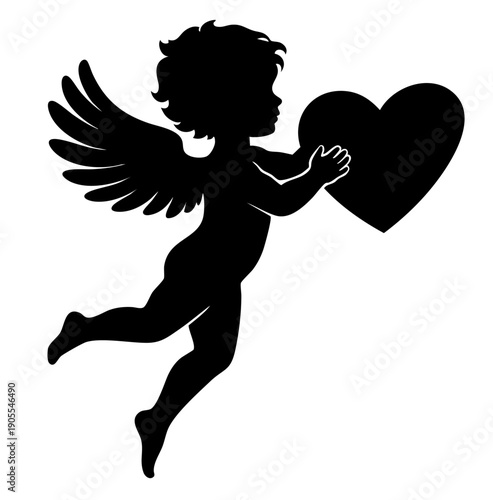 Cupid angel silhouette carrying heart, Valentine love messenger with wings
