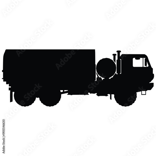 Silhouette of a military truck with tanker trailer, logistics and transport