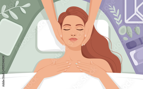 Woman receiving a relaxing massage with eyes closed in a serene spa environment