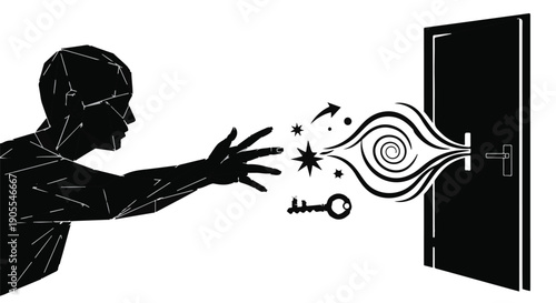 Man unlocking door with magical key and swirling energy