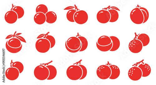 Collection of stylized red fruits, possibly cherries or berries, displayed in a grid pattern with a clean, minimalist aesthetic, representing freshness and natural goodness