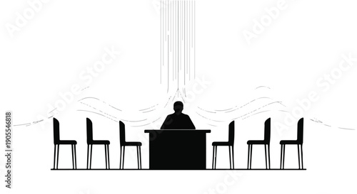 Silhouette of person sitting alone at meeting table with empty chairs
