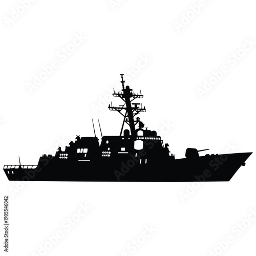 Silhouette of a modern warship, powerful navy vessel at sea