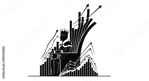 Black and white illustration of a growing cityscape with rising arrows