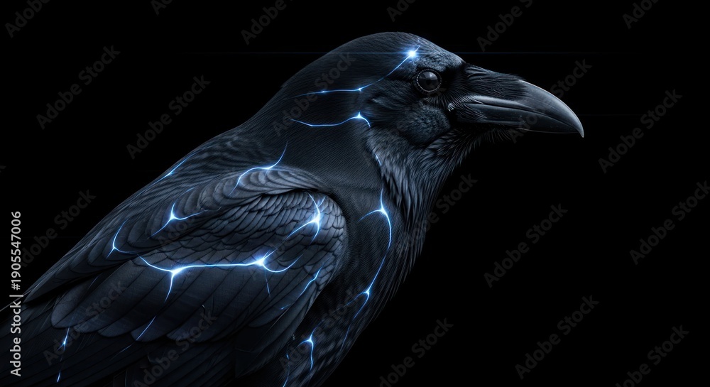 Fototapeta premium Raven with blue glowing cracks, black background
