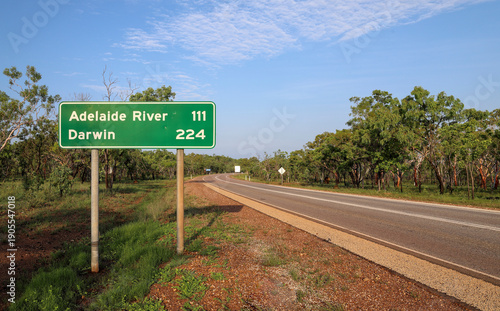Принти на полотні Distance road sign to Adelaide River and Darwin, on Stuart Highway, Australian Outback, Pine Creek, Northern Territory, Australia