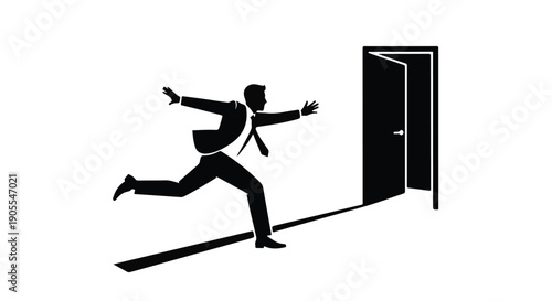 Silhouette of man running through doorway in a hurry
