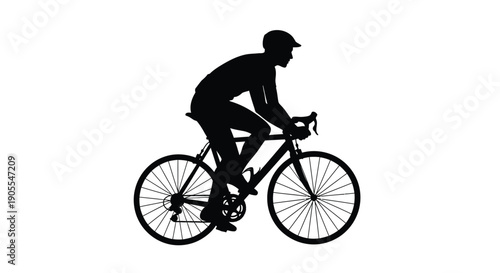 A cyclist rides a road bike captured in a striking black form against a light background silhouette high quality professional detailed modern