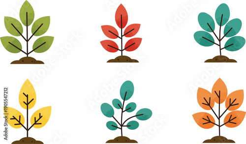 Colorful illustration of six small trees with different colored leaves in seasonal change