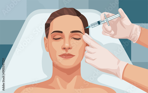 A serene woman receives a facial injection from a gloved hand holding a syringe in a tranquil clinical setting