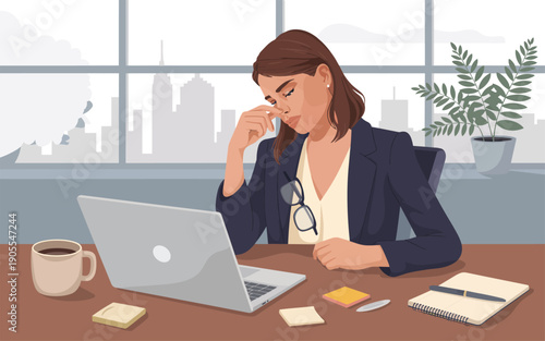 A professional woman sits at a desk, working on a laptop, surrounded by office supplies, with a cityscape visible through the window.