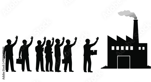 Silhouettes of businesspeople waving near factory building