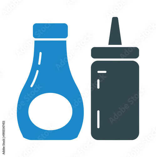 Vector illustration of a blue bottle and a grey condiment bottle together.