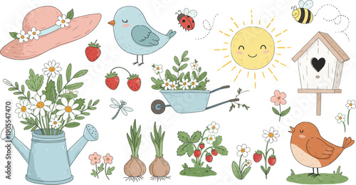 Vibrant garden illustrations with birds flowers hat and birdhouse on white background