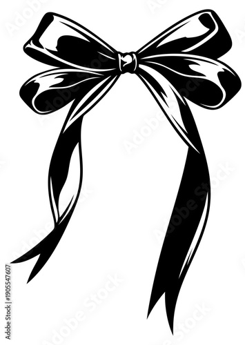 Minimal Black Satin Bow with Long Narrow Ribbons, Elegant Gothic Decorative Fabric Bow with Soft Shine