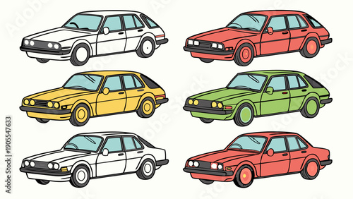 Six Colorful Retro Classic Cars Vector Illustration Set Vintage 1980s Automobile Lineup Nostalgia Design for Transportation Infographics and Web Elements