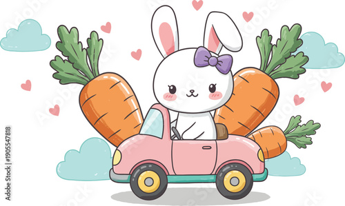 Cute white bunny driving pink car with giant carrots and flowers in background happily