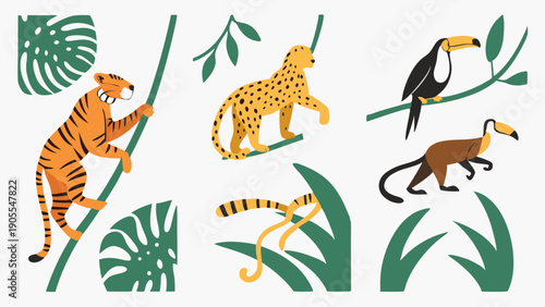 Exotic Tropical Jungle Animals Illustration Set Tiger Leopard Toucan and Foliage Wildlife Graphic Elements for Nature Education and Web Design