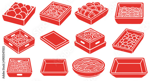 Assortment of Red Food Trays and Containers in Different Shapes and Sizes, Illustrating Various Food Presentation and Packaging Options