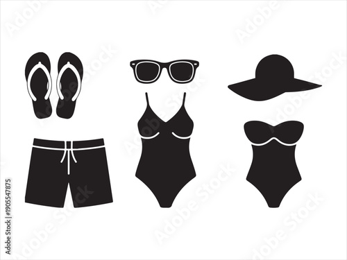 Beachwear icons, summer clothing, swimwear silhouettes, Summer Beachwear Essentials Silhouette vector illustration