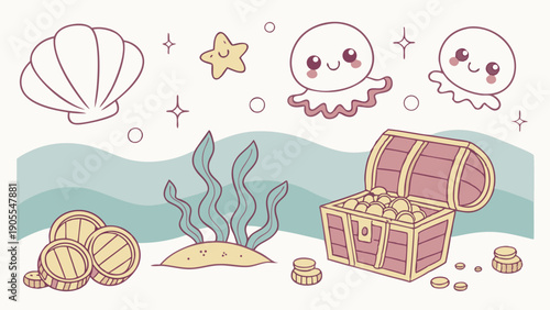 Kawaii Underwater Treasure Chest and Gold Coins Illustration Cute Ocean Animals Starfish Octopus Seaweed Kids Game Design