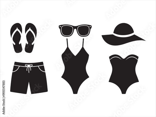 Beachwear icons, summer clothing, swimwear silhouettes, Summer Beachwear Essentials Silhouette vector illustration