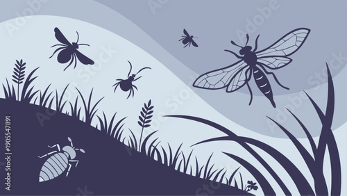 Harmful Crop Pests Infestation Silhouette Illustration Wasp Tick Fly Louse in Wheat Field for Agriculture and Pest Control Services