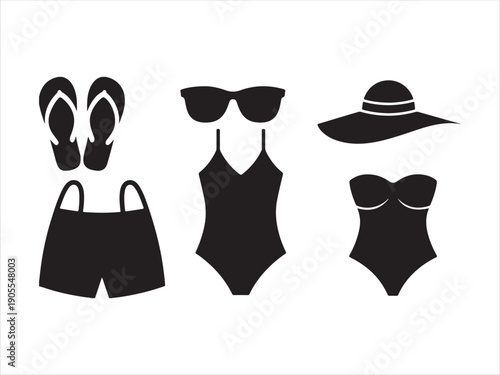 Beachwear icons, summer clothing, swimwear silhouettes, Summer Beachwear Essentials Silhouette vector illustration