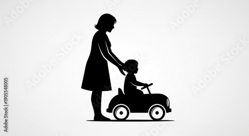 Mother Helping Child Drive Toy Car Silhouette on White Background