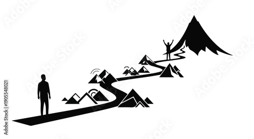 Silhouette of a lone traveler standing on a mountain path