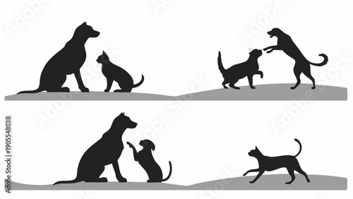 Dog and Cat Silhouettes Showing Pet Relationships Conflict Rivalry and Peaceful Coexistence Animal Behavior Comparison Graphic for Veterinary Design