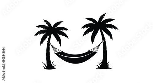 A black silhouette depicts two palm trees framing a relaxing hammock evoking a tranquil tropical scene silhouette high quality professional detailed modern