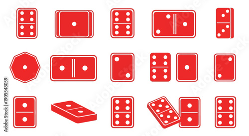 Collection of Red Domino Tiles with White Dots, Representing Various Numbers for Board Games and Classic Entertainment