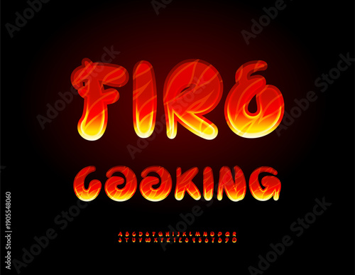 Vector Flaming icon Fire Cooking. Exclusive Burning Font. Hot Alphabet Letters and Numbers set