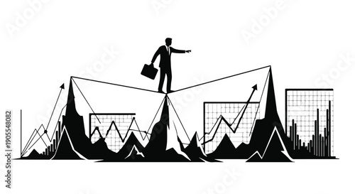 Businessman balancing on tightrope over city market trends